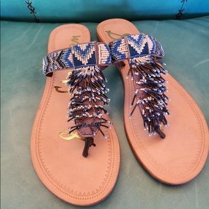 Sam Edelman blue and white beaded flip flops